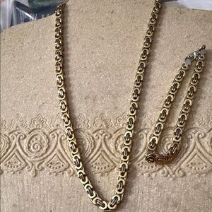 New Mens Byzantine Gold and Silver Chain Necklace 10” and Bracelet 8” Set